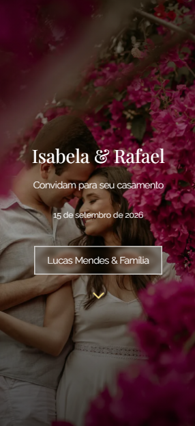 Exemplo de como o convidado vê o convite no celular: link recebido no WhatsApp, abre e confirma presença